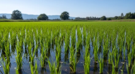 Serene Landscape of Green Rice Paddy Fields Under the Bright Sunny Sky