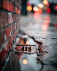 A close-up view of a wet street drain next to a brick wall. Reflections of city lights shimmer on the wet pavement during blue hour.