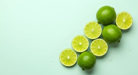 Bright Sliced Limes A Refreshing and Vibrant Display Against Turquoise Background