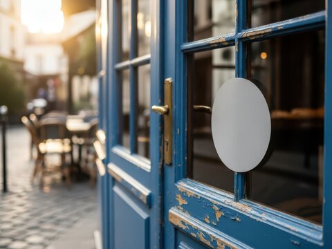 Rustic blue cafe door with a blank oval sign and an inviting outdoor seating area at sunset