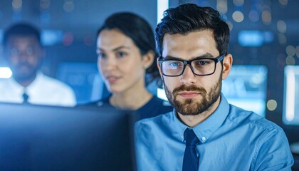 A focused man works on a computer with colleagues, embodying collaboration