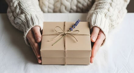 Woman's Hands Holding Present with Lavender Decoration on White Fabric Table