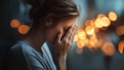 Tech fatigue concept person staring at a wall of notification bubbles simulated as soft bokeh lights face hidden in shadow artistic but realistic defocused lights burnout mood
