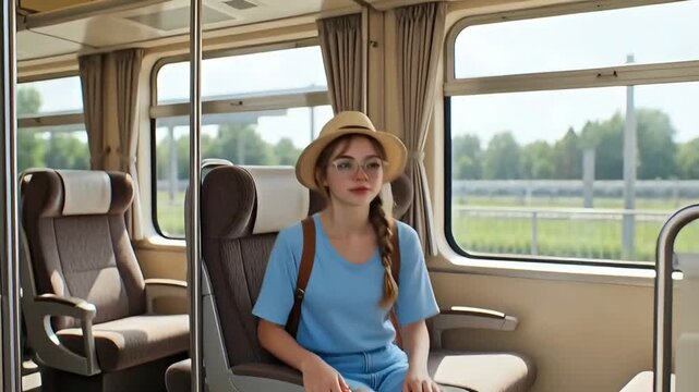 young girl in hat with backpack entering modern train car and sitting in passenger seat by window