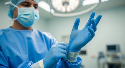Surgeon putting on medical gloves in operating room