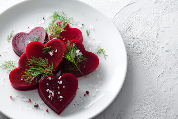 Minimalist beet root salad shaped like a heart for Valentines Day. Elegant vegetarian dish with vibrant color, ideal for romantic and festive meals.