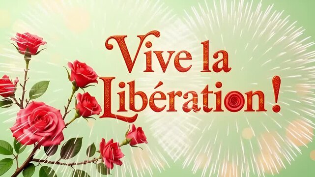 red rose branch on a light green background then vive la liberation french text appearing with fireworks