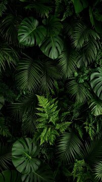 Dense tropical foliage featuring diverse green leaves, creating a vibrant jungle botanical background.