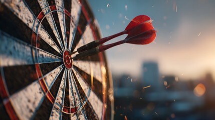 Close-up of darts hitting a bullseye, success concept, with urban landscape in bokeh