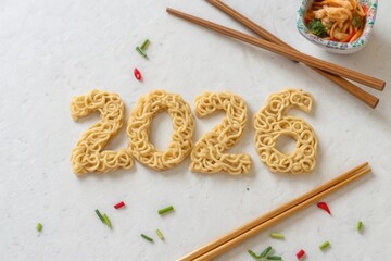 Year 2026 shaped using noodles and chopsticks against a white background