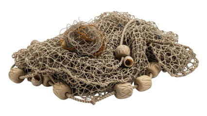 Pile of old fishing net with floats isolated on transparent background