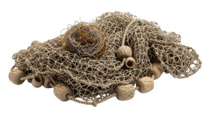 Pile of old fishing net with floats isolated on transparent background