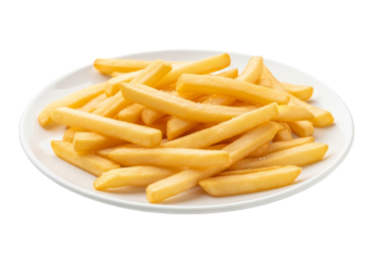 golden crispy french fries on white plate - food photography