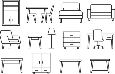 Furniture Vector Line Art Icon Set, Clean CAD Outline Interior Design Elements Isolated on White Background