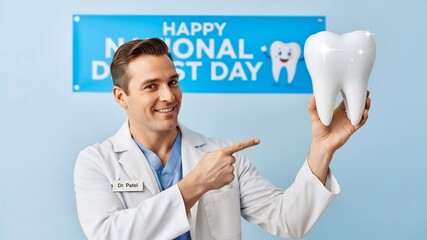 Professional dentist wearing a white coat and blue shirt with a tie shows a tooth model while standing in a dental clinic. Concept of oral health, dentistry, medical care and National Dentist Day.