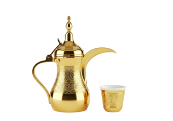 golden dallah with cup on white background