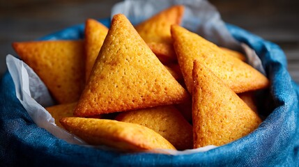 Close-up of golden triangular pastries nestled inside a textured blue basket. Delicious baked snacks
