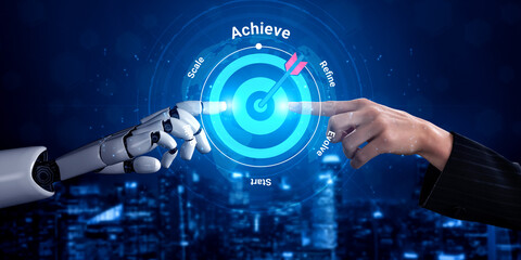 A robot hand and a human hand reach towards each other in a digital landscape, emphasizing collaboration and the blending of human creativity and technological innovation. Gantry