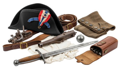 Vintage military beret and sword collection isolated on transparent background