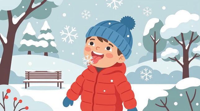 A happy child in the park catches a snowflake with his tongue
