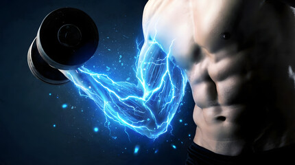 Muscular male body lifts a dumbbell with glowing blue lightning energy pulsating from his powerful arm on a dark intense background