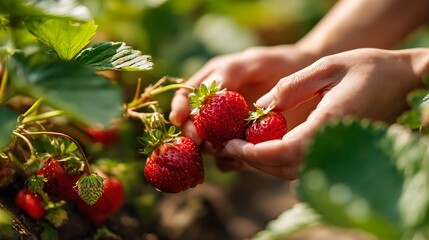 Close-up of hands picking ripe strawberries from a lush green strawberry plant in a garden