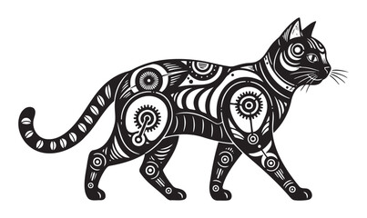 Fototapeta premium Black cat illustration with intricate mechanical designs walking 