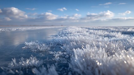 Close-up of ice crystals on frozen lake with blue sky and scattered clouds in background