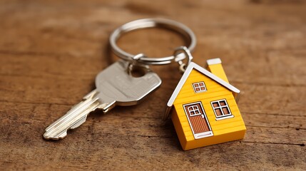Close-up of house keys and a miniature yellow house on a rustic wooden background