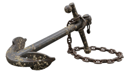 Old rusty anchor with chain on transparent background isolated