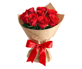 Beautiful Bright Red Roses Bouquet Wrapped in Brown Paper with Bow; Valentine’s Day, Women’s Day and Birthday Gift PNG Asset