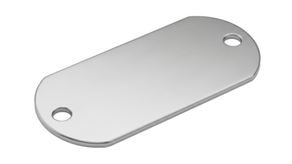 Silver metal plate with rounded edges and two holes isolated on transparent background