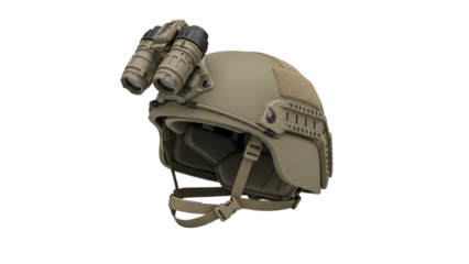 Military helmet with night vision goggles attached, isolated on transparent background