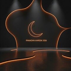 Modern Black Stage Ramadan Kareem 2026 Crescent with Warm Light