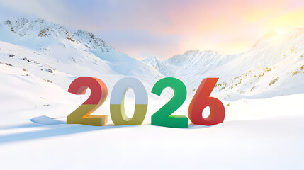 Numbers for the year 2026 displayed in snow-covered mountains during sunset in winter landscape