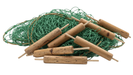 Fishing net with wooden floats isolated on transparent background