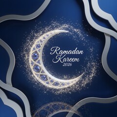 Luxury Ramadan Kareem 2026 crescent moon with glitter effect