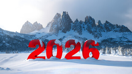 Big numbers display marking the year 2026 in a snowy winter landscape with mountains in the background during daylight