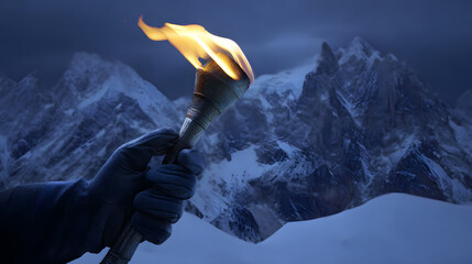 Person holds a torch with flame against a backdrop of snow-capped mountains at night during a cold winter evening