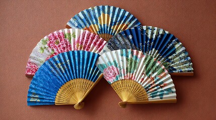Close-up of open, colorful, patterned hand fans arranged in a semi-circle on a brown surface