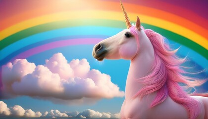 Pink Merry Unicorn Pink Unicorn On A Background Of Rainbows And Clouds