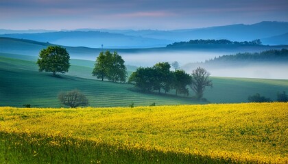 An Abstract Landscape With A Field Of Yellow Flowers Green Trees And A Misty Blue Hill