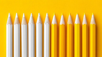Close-up of pencils arranged in a row, alternating white and yellow, against a yellow background