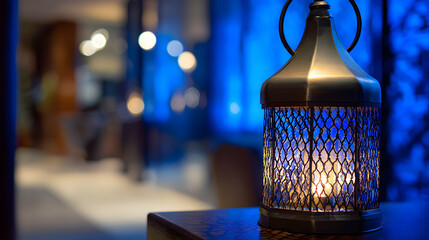 Lantern on table shines light in room with blue decor and blurred background showing a modern setting in evening time