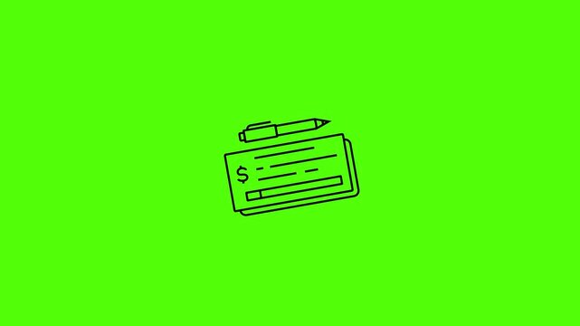 Money transaction icon: A simple and clean illustration depicts a check with a pen resting atop. It represents financial transactions, payment, or banking and is set against a bright green backdrop.