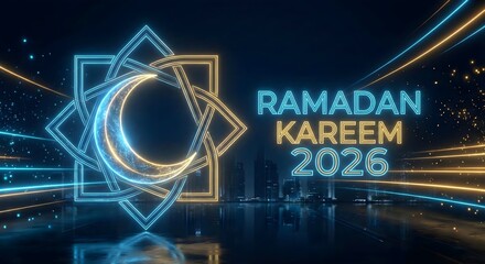 Modern Ramadan Kareem 2026 neon crescent geometric city background