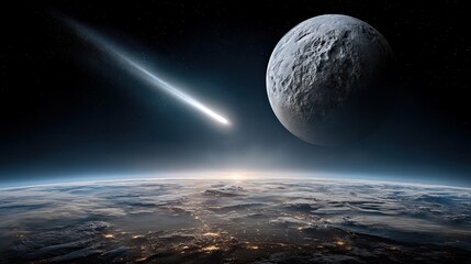 Space Unbroken Action Stunning View of Earth with Comet and Moon in Outer Space Scene