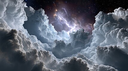 Space Unbroken Action Dramatic Cloud Formation with Lightning in a Cosmic Sky
