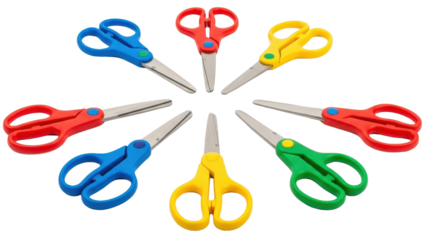 Colorful scissors arranged in a circular pattern isolated on transparent background