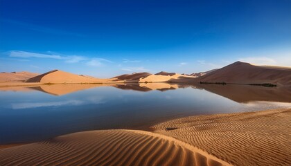 Scenic Landscape Of Sand Dunes A Lake And Palm Trees In A Desert Environment At Sunset
